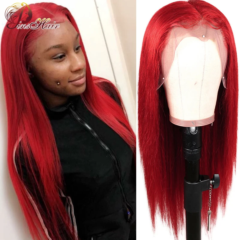 

Pinshair Lace Front Human Hair Wigs PrePlucked Red 99J Burgundy 180 Brazilian Human Hair Wigs Remy 13X1Lace Part Wig Middle Part