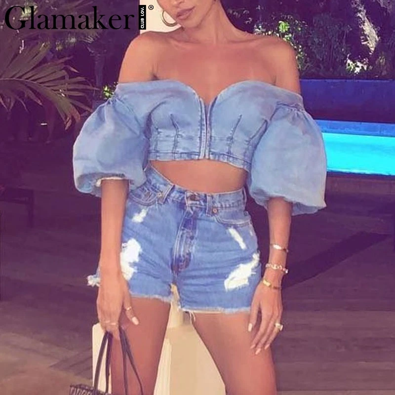 Glamaker, сексуальный джинсовый синий укороченный топ, рубашка, для женщин, с пышными рукавами, бодикон, Клубная джинсовая майка, Женский Топ с открытыми плечами, уличная одежда, Топы И Футболки