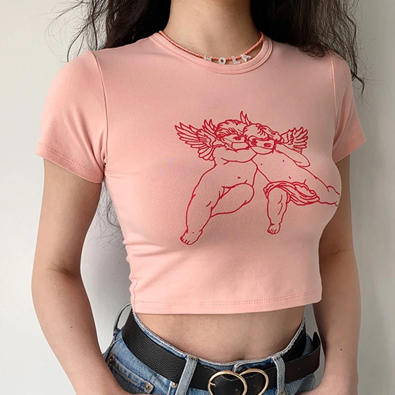 

Y2K Harajuku Goth pink Tank Angel Top Aesthetic Cropped Kawaii clothes Style Vintage Printed To Summer Tee crop top fairy grunge