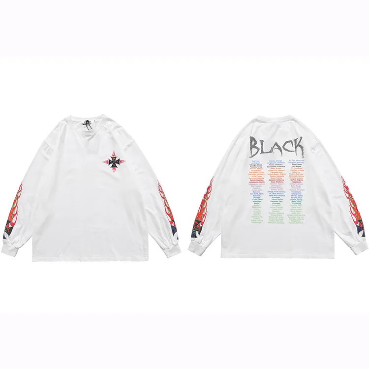 

Hip Hop Streetwear Oversize Tshirt 2021 Men Hip Hop Letter Fire Flame Print Washed T Shirt Harajuku Cotton Long Sleeve T-Shirt