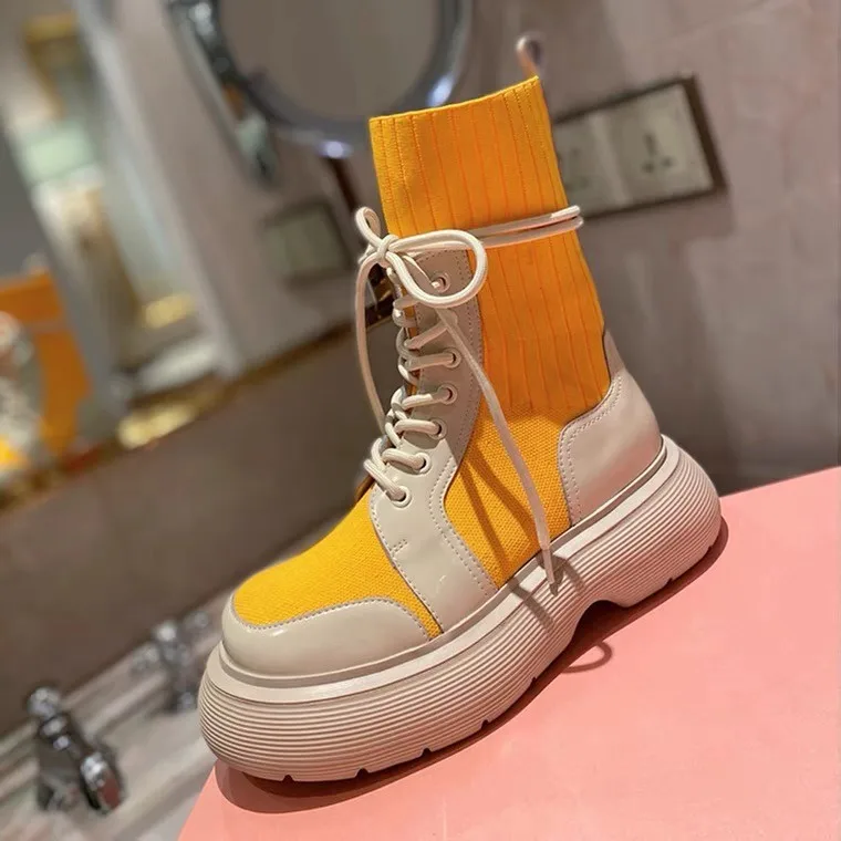 

2021 New Winter Lace Up Round Toe Socks Boots Snow Weave Casual Boots Platform Chunky Mesh Women Flats Shoes Luxury Zapatos