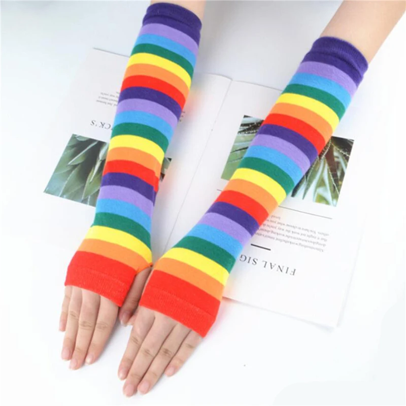 

Rainbow Color Long Warm Gloves 40CM Japanese Style New Slim Female Arm Sleeve Striped Knitting Sunscreen Spring Autumn Gloves