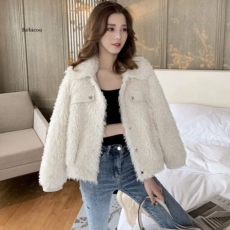 

Faux fur warm coat furry outwear Women white stars print female teddy coat spring fake fur short jacket coat winter