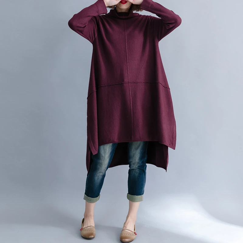 CHICEVER Vintage Knitted Sweater Women Turtleneck Long Sleeve Plus Size Loose Asymmetric Sweaters Female Clothes 2020 Spring New | Женская