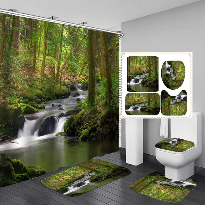 

Green Forest and Waterfall Flannel Bath Mat Toilet Cover Rugs Fabric Shower Curtain With 12 Hooks Home Bathroom Decor Set