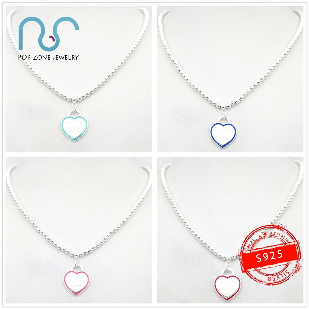 

S925 Sterling Silver Necklace Heart Round bead chain 4mm Necklace Luxury Fashion Fine Jewelry Female Lovers Holiday Gift