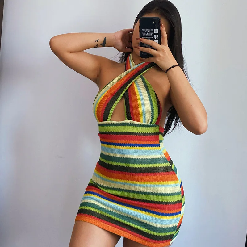 

Knited Chic Summer O Neck Knitted Cotton Tank Dresses Women Party Club Sleeveless Mini Wrap Bodycon Striped Fashion Dress 2021