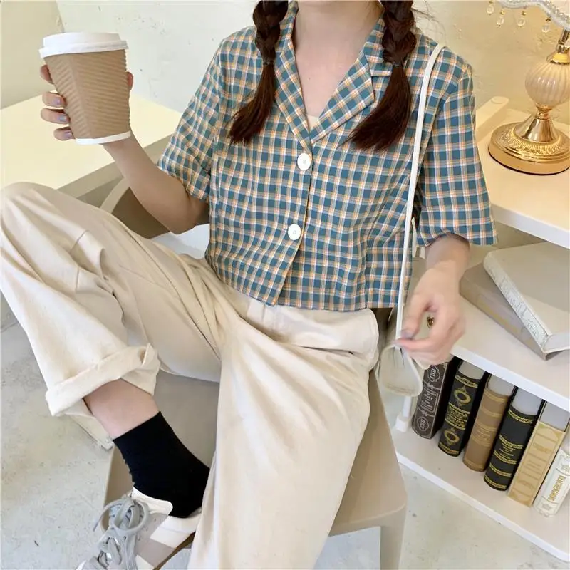 

Blouses Womens Spring Summer Notched Plaid Colorful Crop Tops Retro Short Sleeve Chic Loose Comfy 2020 Preppy Style Sweet New