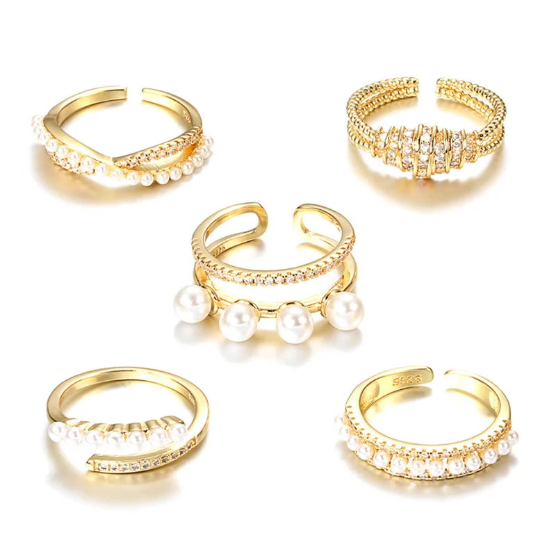 

SIPENGJEL Fashion Cubic Zircon Pearl Cross Rings Gold Color Adjustable Open Finger Rings For Women Engagement Jewelery