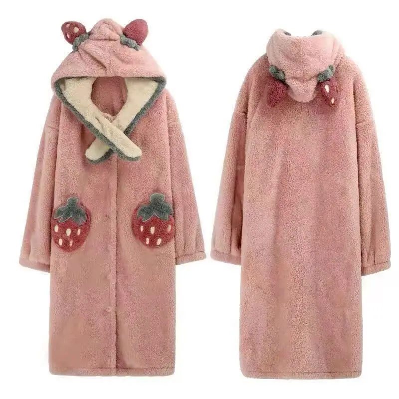 

Warm Winter Pajamas for Women Bow Hooded Sleepwear Pink Coral Fleece Pyjamas Lingerie Robe Thick Home Clothes Bath Robe