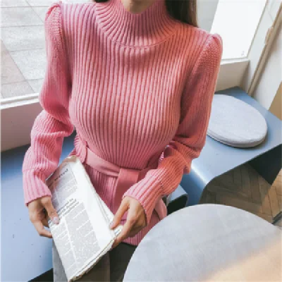 Autumn Winter Women tie belt sweater Pullover puff sleeve Sweaters Turtleneck Fashion High Elasticity Knitting Female | Женская одежда