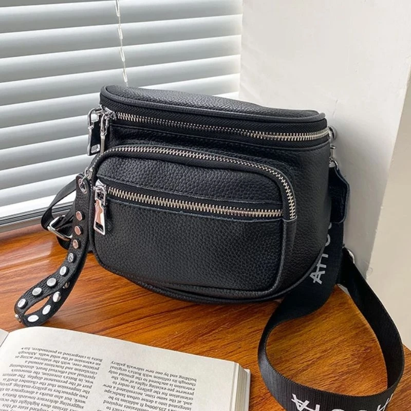 

Black Saddle Rivet Multi-Layer Zipper Women's Bag Genuine Leather Shoulder Bags Lady High-Quality Fashion Designer Messenger Bag