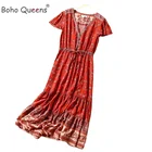 Женские пляжные богемные Макси-Платья с цветочным принтом и рукавом летучая мышь в стиле бохо, женское летнее платье из вискозы с V-образным вырезом и кисточками