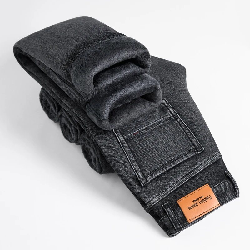 

2021 Winter High Quality Cotton Stretch Slim Straight Denim Jeans Fleece Thick Warm Men's Business Casual Jeans Gray