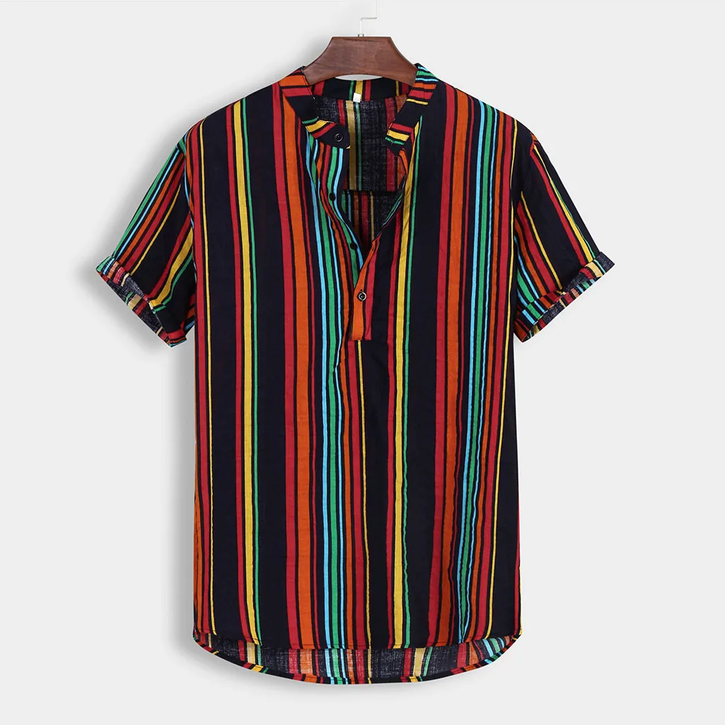 

Mens Shirt Summer Fashion Stand Collar Strip Print Short Sleeve Shirt Summer Trendy Short Sleeve T-shirt Top Men/female Shirt