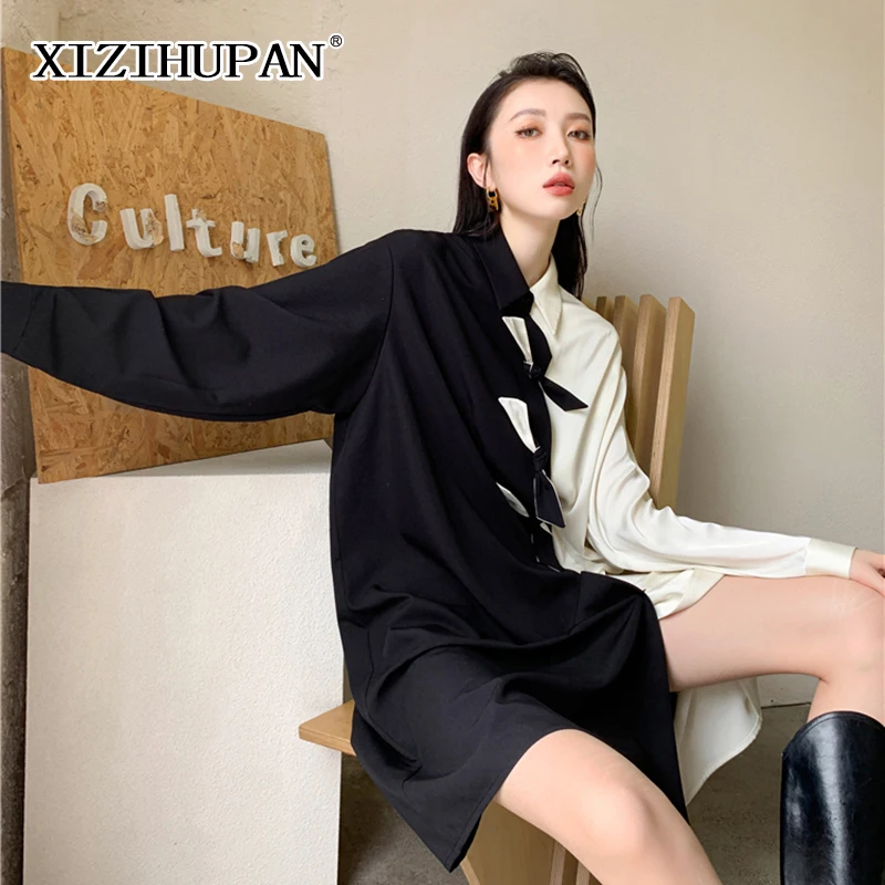

XIZIHUPAN Vintage Two Tone Dress For Women Lapel Long Sleeve Wide Waistband Straight Loose Midi Dresses Female Autumn 2021 Style