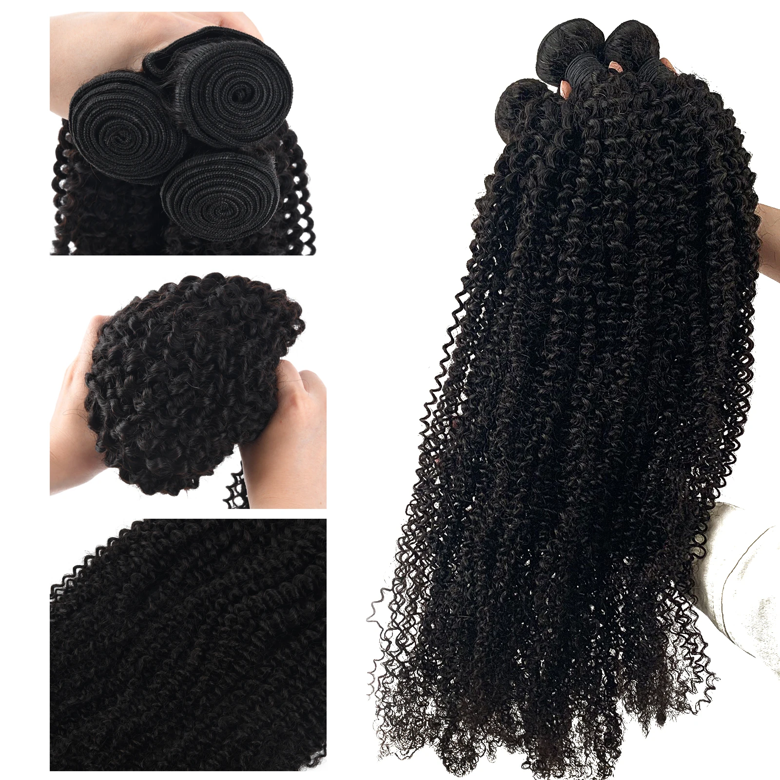 Kinky Curly Human Hair Bundles With Closure Brazilian Weave 4x4 Lace Closures Natural 3/4 with | Шиньоны и парики
