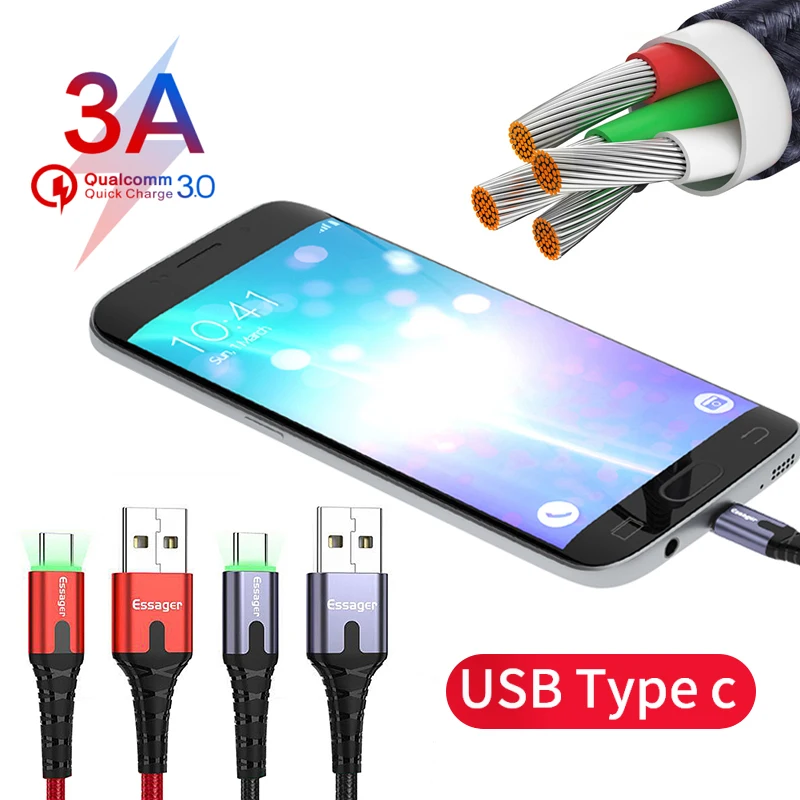 Essager светодиодный usb type C быстрый заряд кабеля провода шнур 3 м кабель usbc для Xiaomi K20 samsung Oneplus 7 Pro мобильный телефон USB-C провода