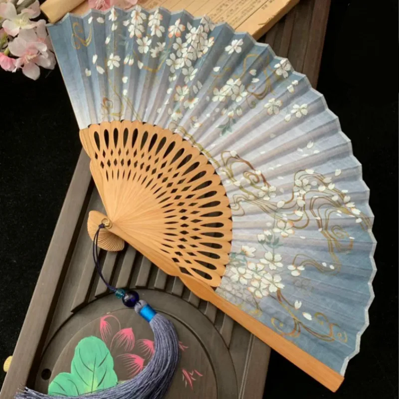 

Classical Cherry Blossoms Hand Fan Japanese Vintage Cloth Folding Fan Portable Small Lady Dance Fans Bronzing Craft Dance Fans