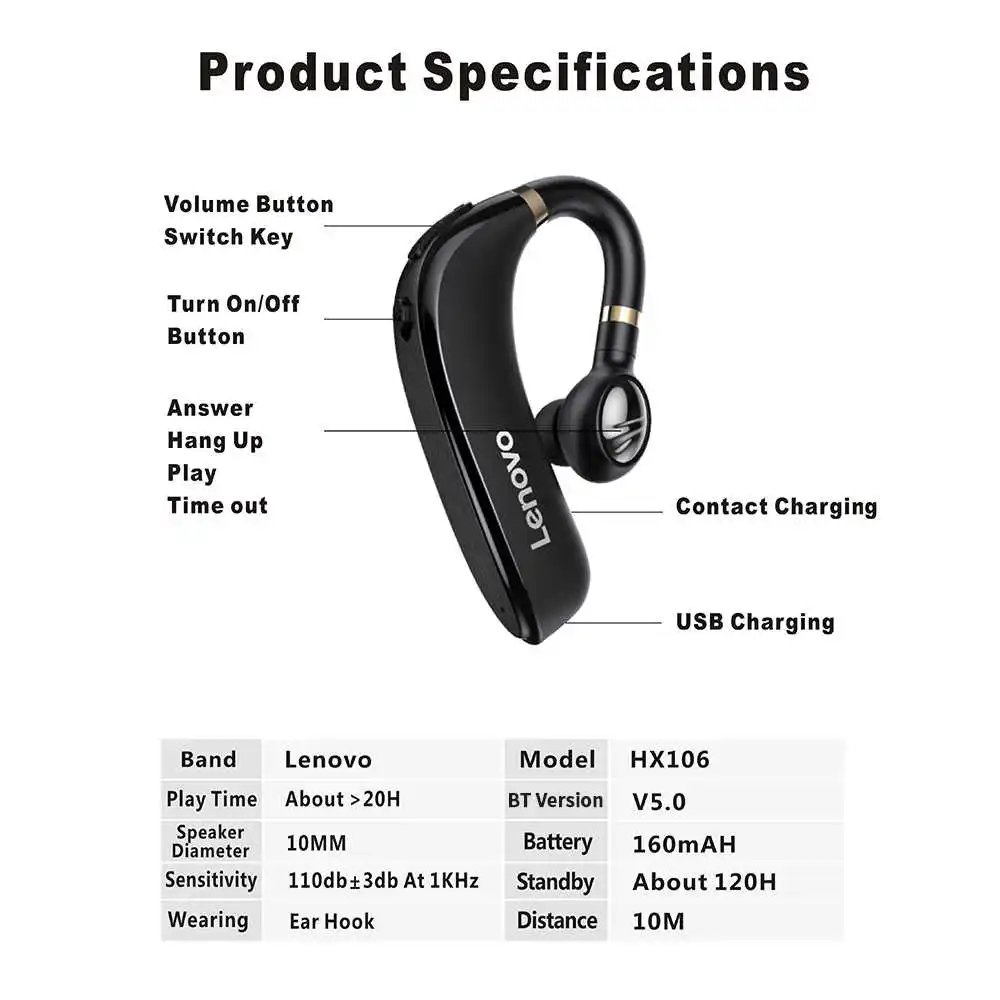 Оригинальные Беспроводные Bluetooth 5 0 наушники Lenovo HX106 с микрофоном 40 часов для