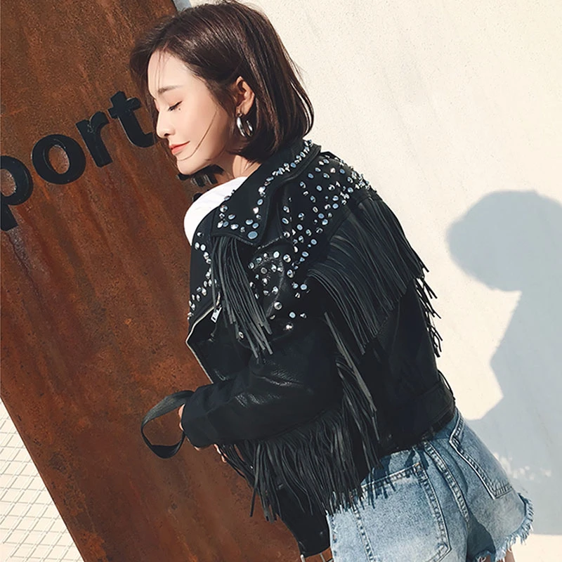 Куртка женская мотоциклетная из искусственной кожи Черная байкерская верхняя