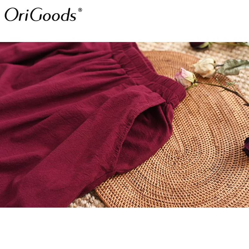 

OriGoods Women Plus size Pants Cotton and Linen Loose Elastic waist Pants Original design Vintage Casual Pants Trousers C278