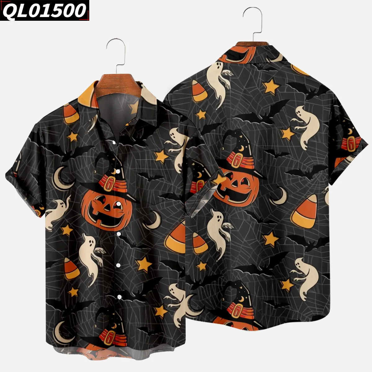 Men Halloween Lapel Streetwear Loose Blouse Casual Short Sleeve Turn-down-collar Shirts