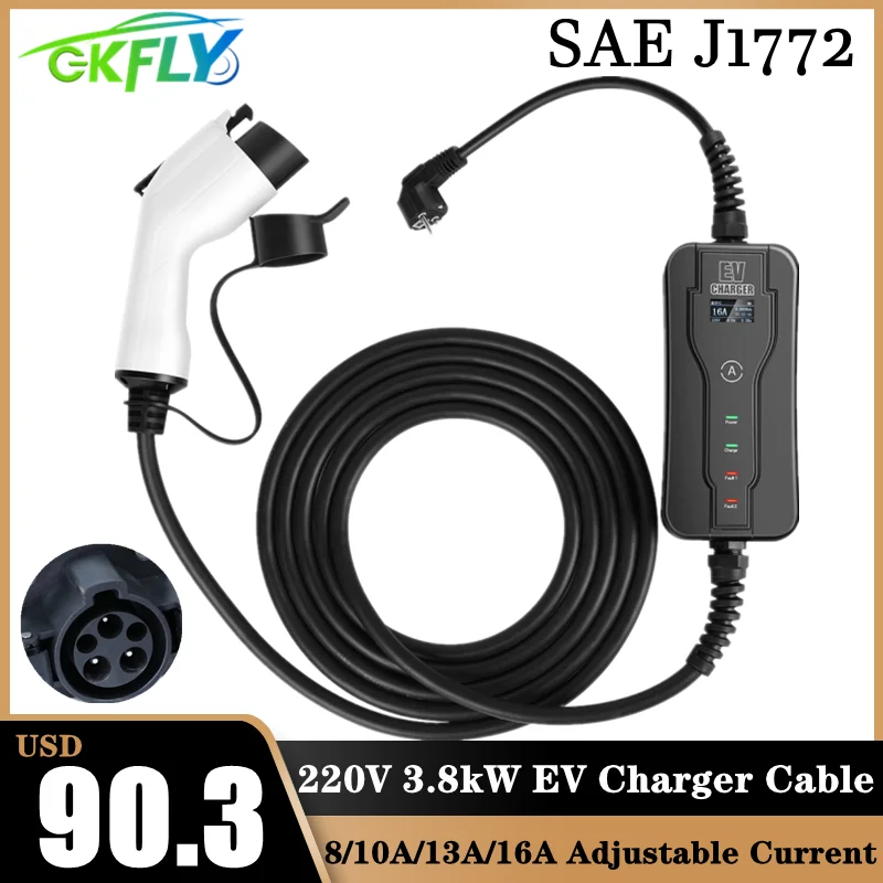 

220V Portable EV Charger SAE J1772 Type 1 EVSE 8A 10A 13A 16A Adjustable Current Electric Car Vehicle Charging Station IP65