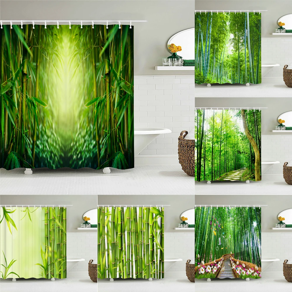 

High Quality Green Bamboo Plant Printed Shower Curtain Waterproof Fabric Landscape Bath Curtains for Bathroom Decor with Hooks