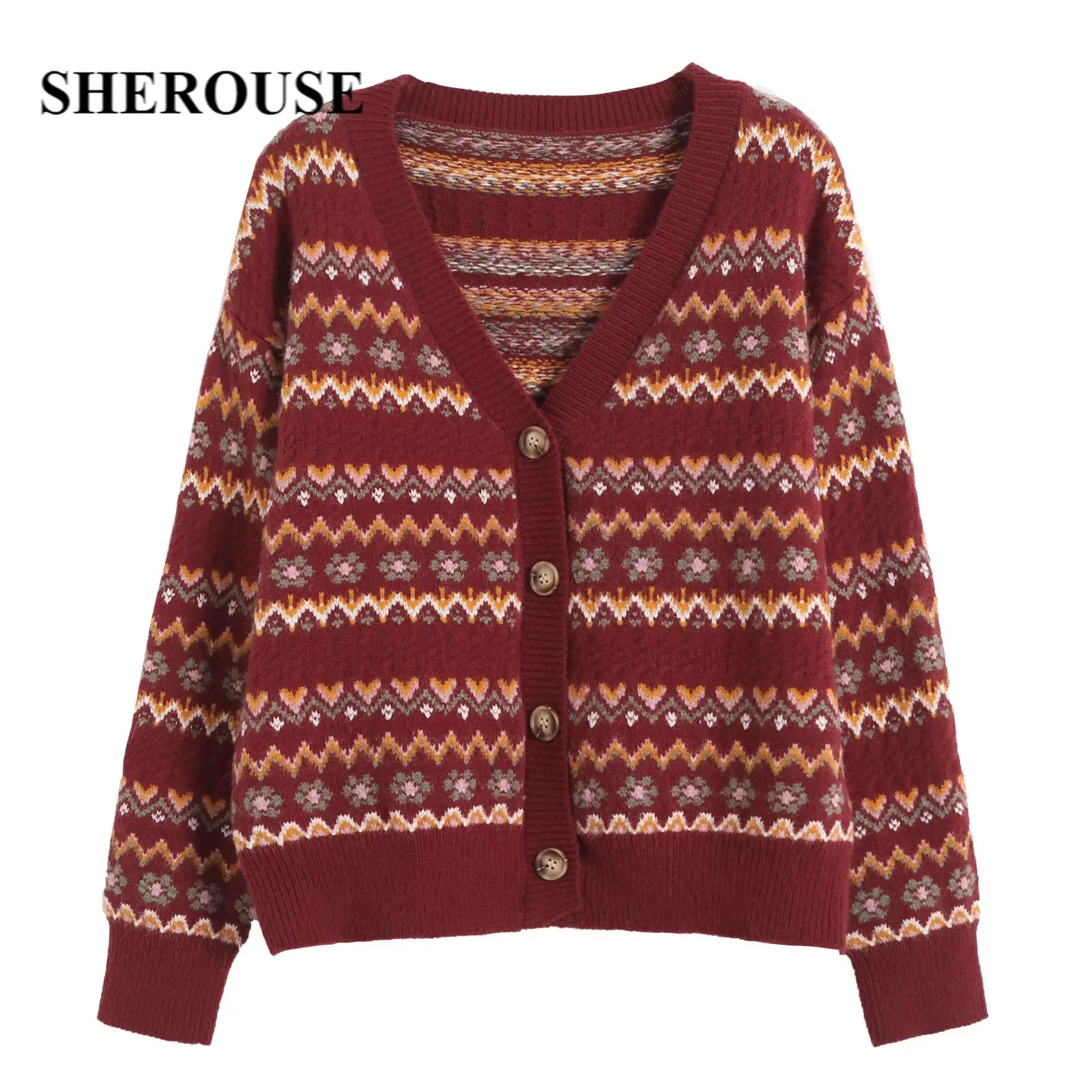 

Sherouse Women Vintage Jacquard Knit Cardigan Long Sleeves V-Neck Single-breasted Casual Woman Knit Sweater Chic Lady Tops