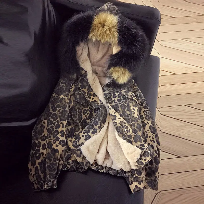 Elexs Вельветовая Толстая леопардовая куртка женская зимняя с большим меховым