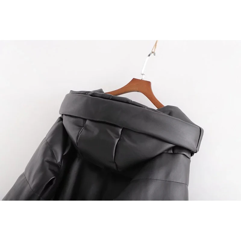 

Vintage Chic Women Leather Parkas Za 2019 Fashion Winter Thick Warm Hooded Jackets Casual Female Coat Outerwear