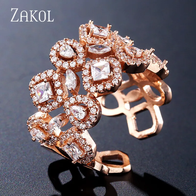 Rose Gold Color Новинка, роскошные свадебные Открытые Кольца ZAKOL белого золотистого цвета глиттер с кубическим цирконием для элегантных женщин, вечерние ювелирные изделия для помолвки FSRP2111 - Цвет основного камня: Rose Gold Color