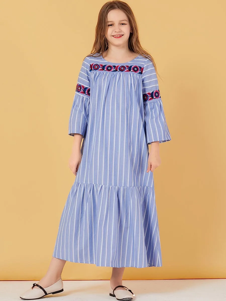 Милое Платье для мусульманских девочек Детские плиссированные платья в полоску
