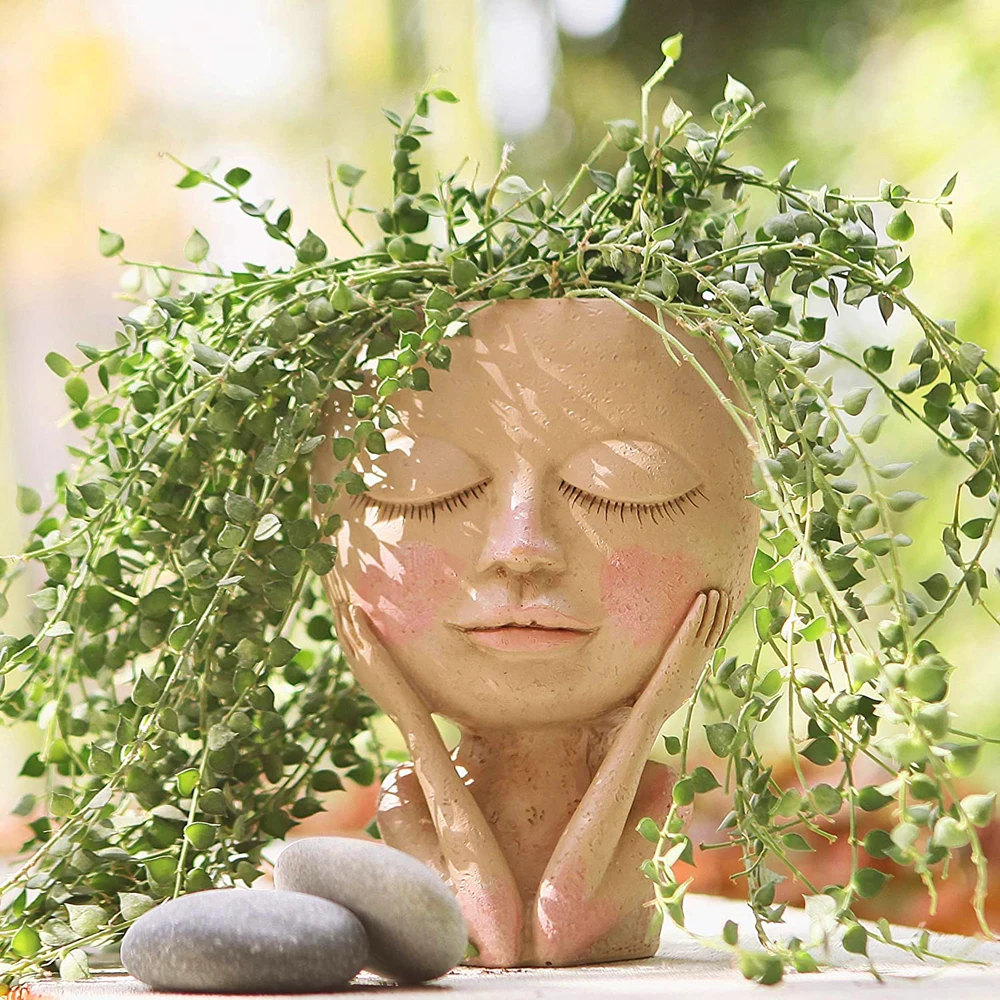 

Face Flower Vase Head Planter Pot Succulent Planter Cute Resin Cactus Planter with Drainage Hole Closed Eyes Home Decoration