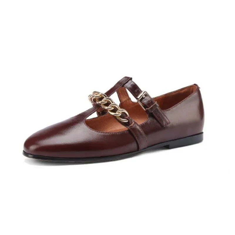 

New Genuine Leather Flats Shoes Women Luxury Metal Chain Ballet Flat Shallow Ballerina Slip On Casual Loafer Brand Moccasins