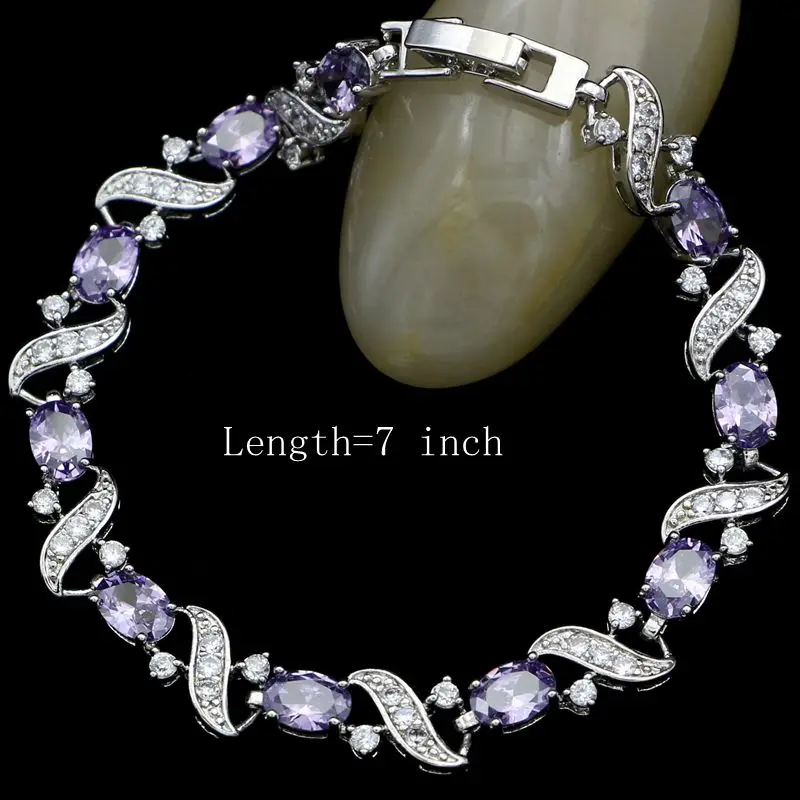 Набор ювелирных изделий из серебра 925 пробы с фиолетовым и белым кристаллами в форме капли на длинных серьгах/подвеске/ожерелье/браслете/кольце для женщин