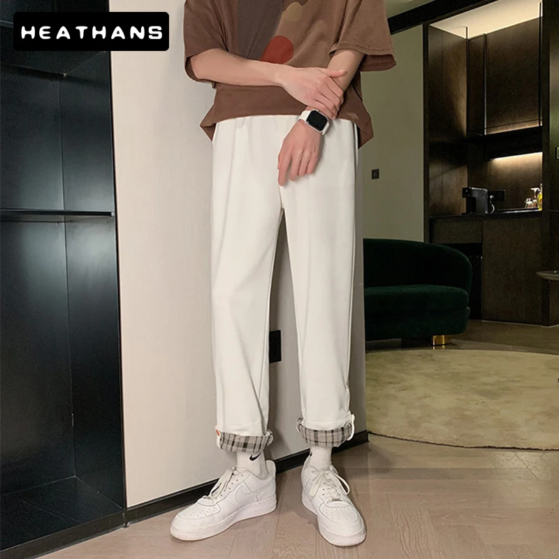 

Summer Ankle Length Pants Men's Casual Trousers Male Loose Plaid Korean Thin Fashion Students Men Wide Legs White Straight Pants