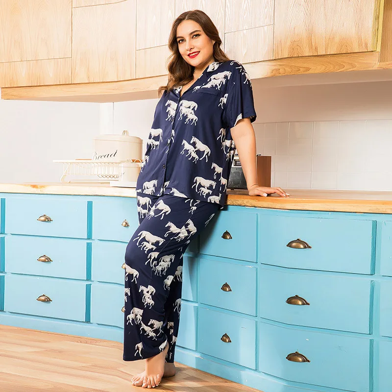 4XL Plus Size Summer Women Pajamas Nice Good Quality Horse Printing Pajama Sets Casual Soft Pijama Homewear Sleepwear