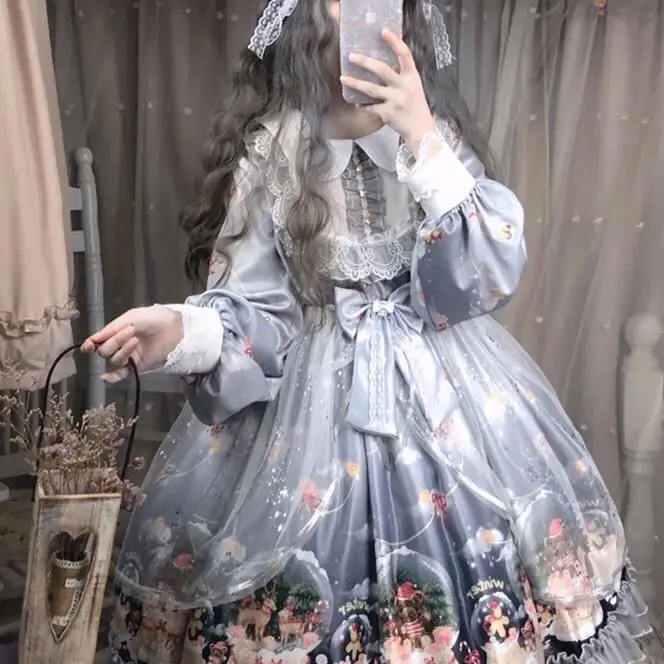 

MAGOGO New Lolita Dress Women Lace Maid Costume Sweet Dress Long Sleeve Cute Loose Soft Sisters Female Mid Dress