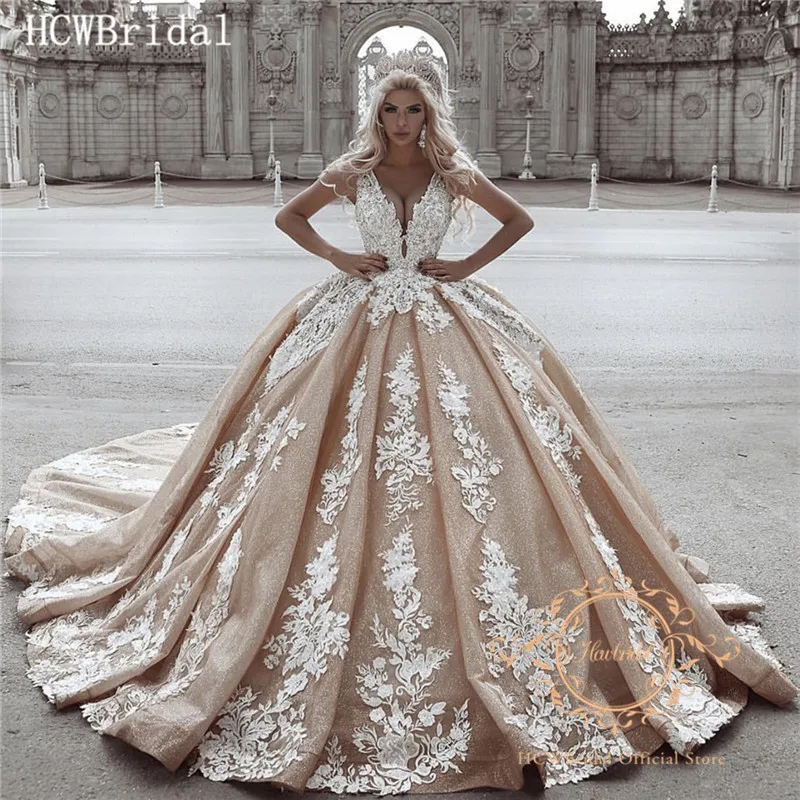 Блестящие Свадебные платья цвета шампанского для принцесс Белые Аппликации V