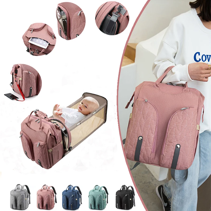 

Baby Diaper Bags Bed Backpack For Mom Babies Multifunctional Maternity Stroller Bag Portable Bassinets with USB Charging Port