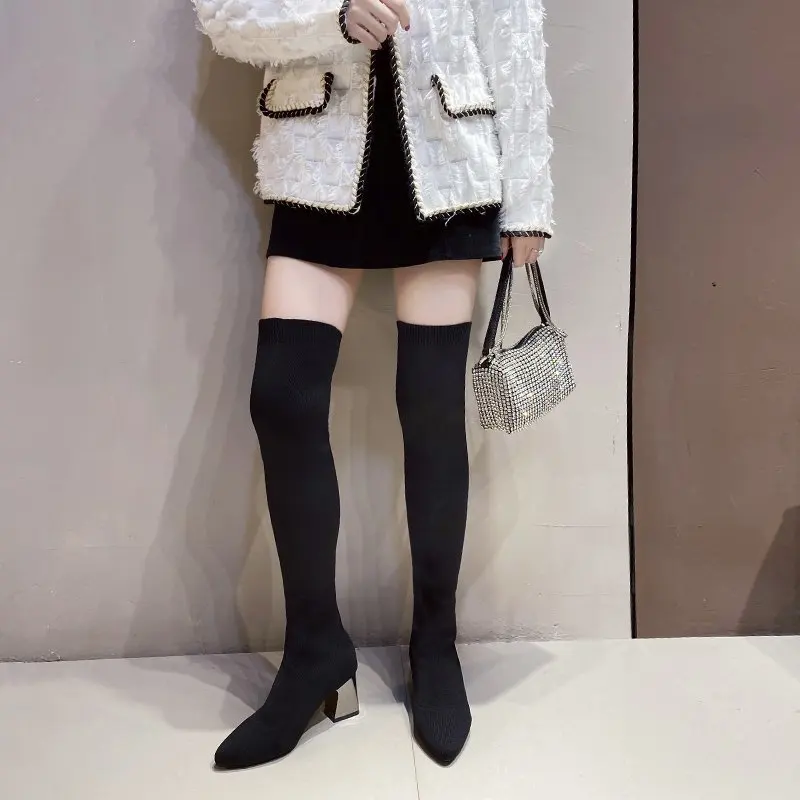 Ботфорты Aphixta женские вязаные сапоги из эластичной ткани высокие на каблуке 7 5 см