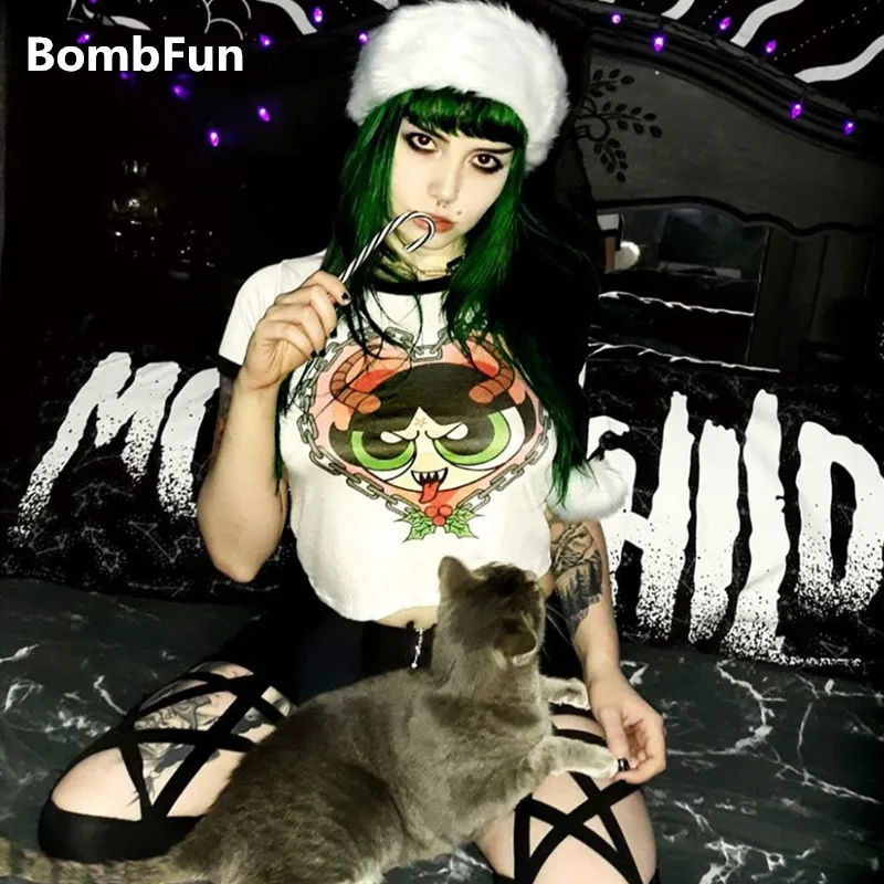 

BombFun, новая летняя женская футболка, сексуальная, Harajuku, Клубная, панк стиль, футболки, мультфильм, 3D принт, Череп, топы, тройники, высокое качес...
