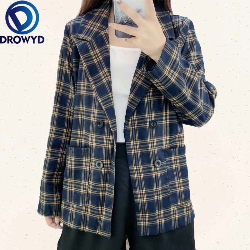 

Женский синий клетчатый пиджак, новинка 2020, Модный женский офисный костюм, куртки с карманами, пальто, повседневный Свободный Топ с длинным ...