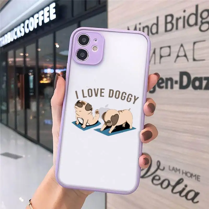 

Cute Cartoon Pug Animal Yoga Phone Case For iPhone 12 11 Mini Pro XR XS Max 7 8 Plus X Matte transparent Purple Cover