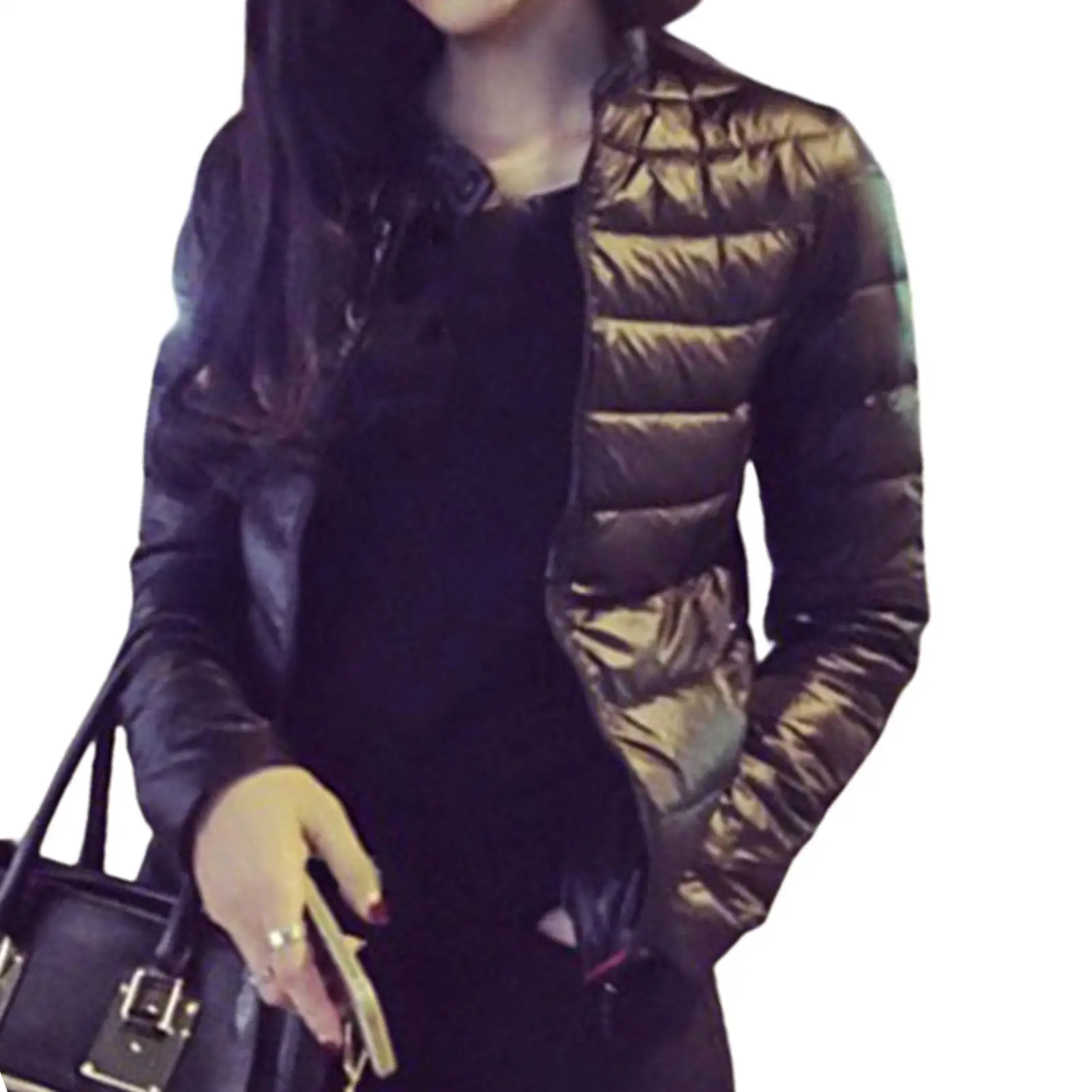 

Женская зимняя черная облегающая короткая теплая куртка с воротником-стойкой, ветрозащитная Легкая однотонная Базовая верхняя одежда, Жен...