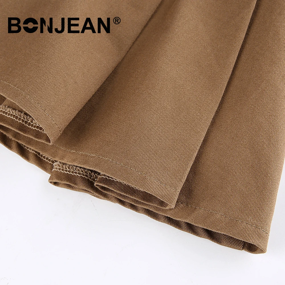 

With Belt Pleated Skirt Mini Cotton Khaki Mini Skirt Sexy Club Party Women Summer Skirt Pleated Elegant Woman Clothes H054