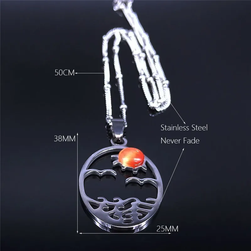 

2021 The Sea Seagull Sun Opal Stainless Steel Charm Necklace Silver Color Pendant Necklace Women Jewelry bijoux femme N4453S04