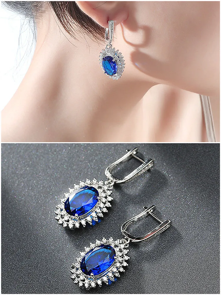 

Luxury blue crystal sapphire gemstones diamonds drop earrings for women white gold silver color brincos jewelry evening party